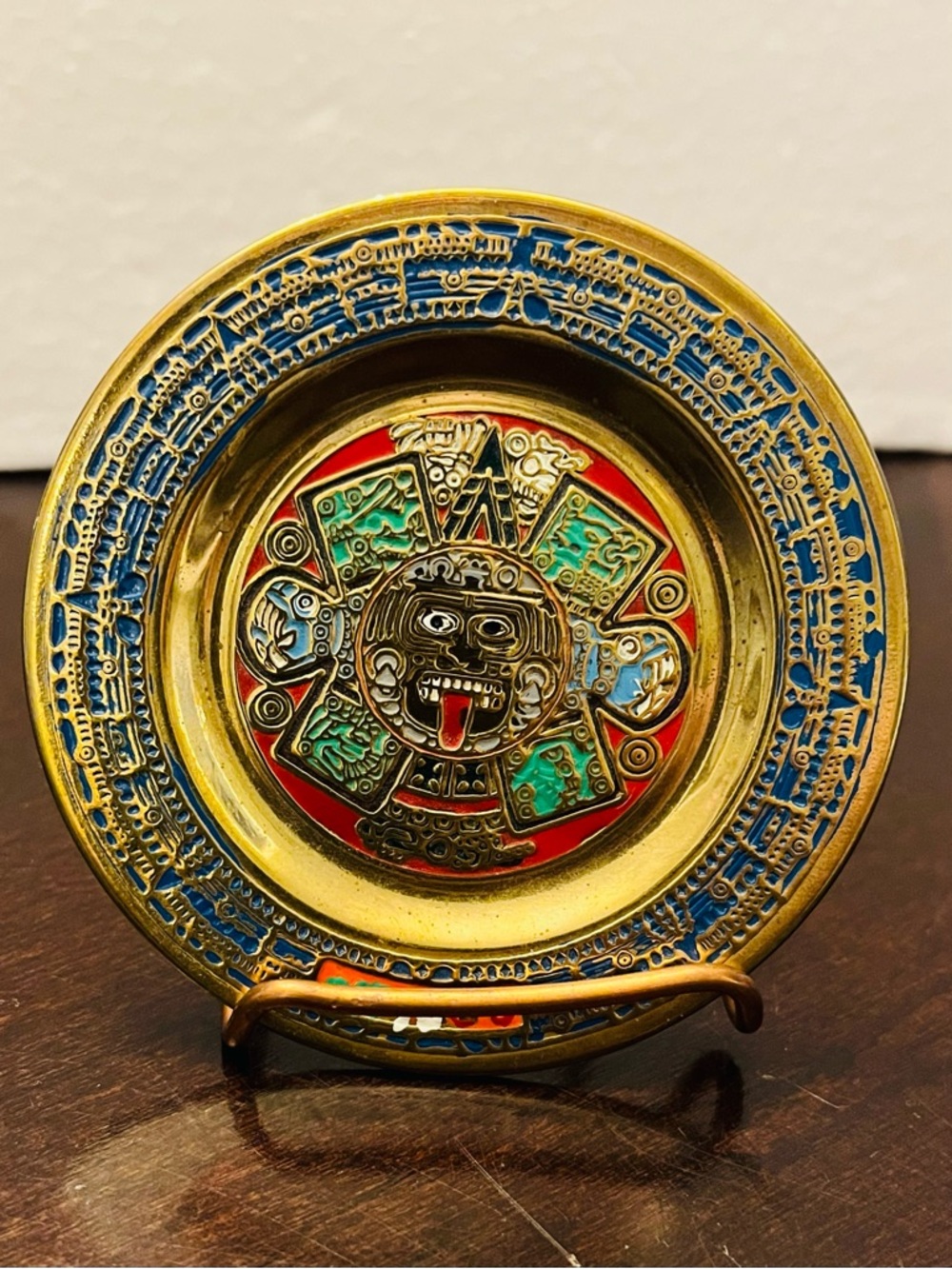 Mini Vintage Brass/Metal Enamel Aztec plate/Plaque Folk Art.